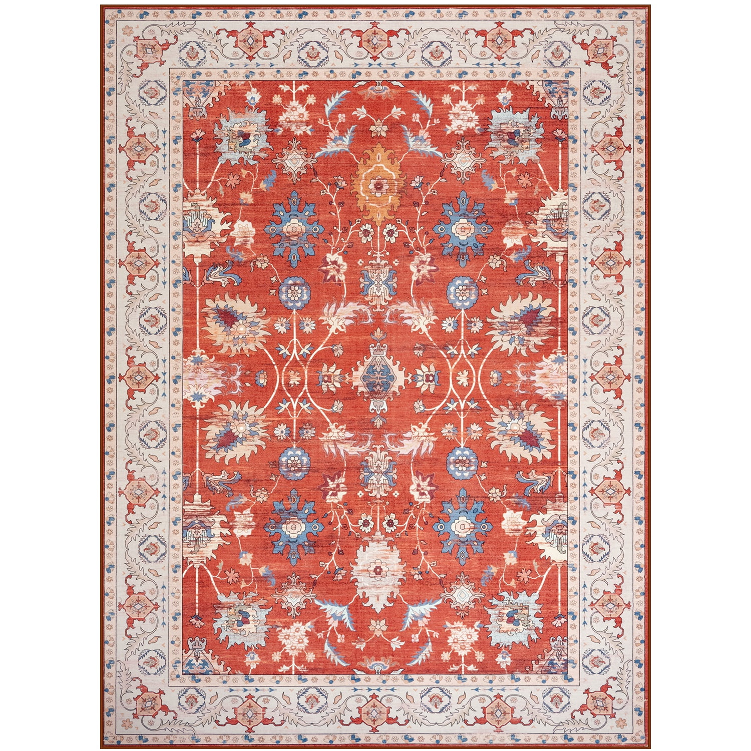 Wondo 8x10 Vintage Bohe Washable Red Area Rug for Living Room, Bedroom, Dining Room, Office, Nursery Anti-slip Easy Care Carpet, Ultra-thin Stain Resistant Indoor Low Pile Carpet