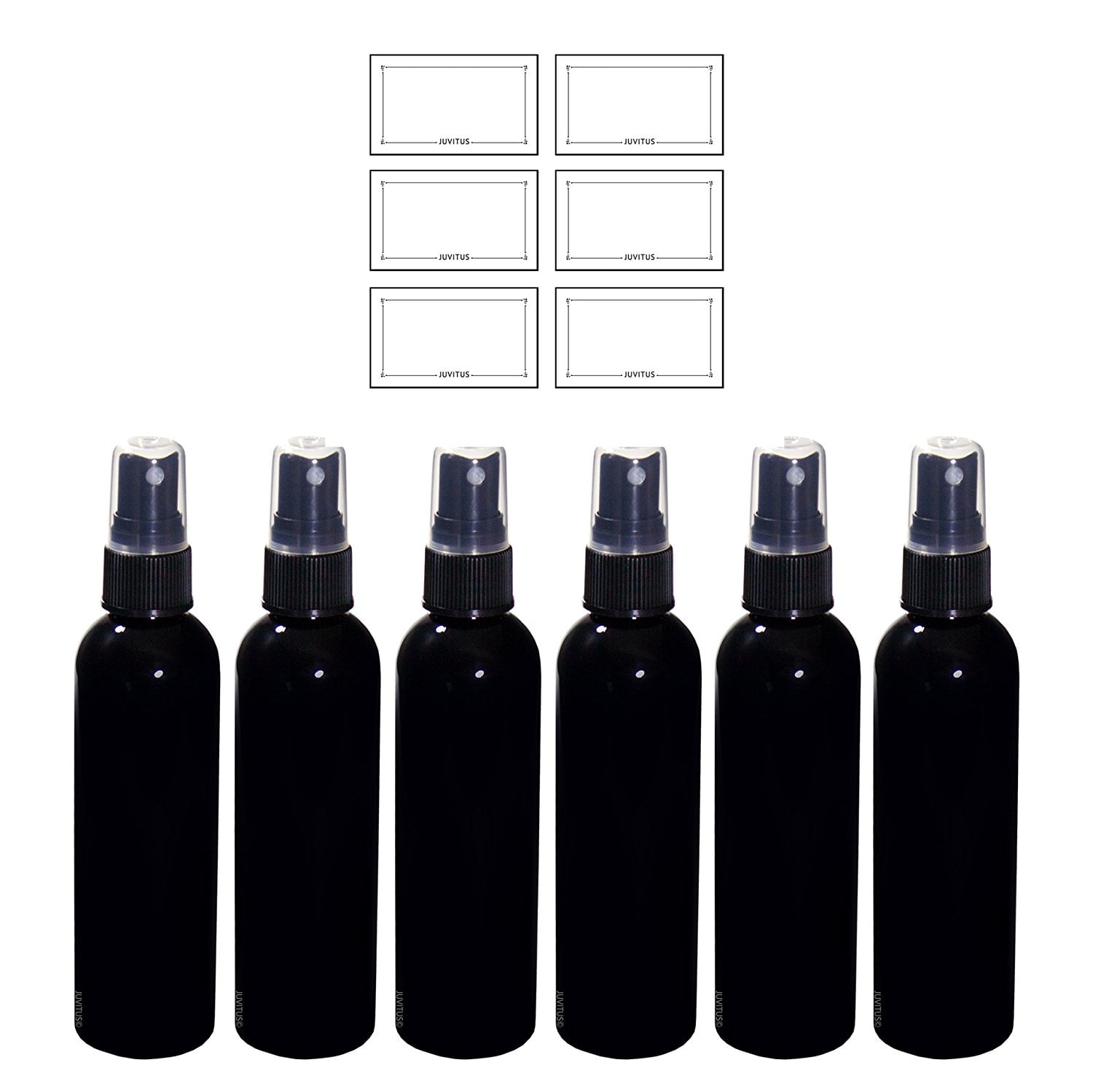 Black 4 oz Slim Cosmo Bullet Refillable PET (BPA Free) Plastic Bottle with Black Fine Mist Sprayer (6 pack) + Labels