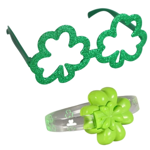 Happy St. Patrick's Day Novelty Glass Glittery Shamrock Shaped Green Glasses & Light up Clover Shamrock Bracelet St Patricks Leprechaun Costume Accessories for Women Men Party Decoration 2 Count