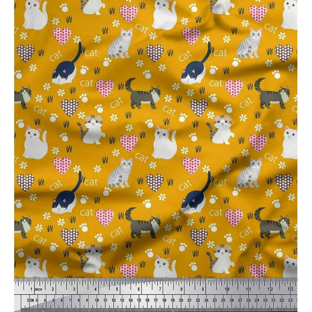 Soimoi Rayon Fabric Heart,Footprint & Cat Animal Print Fabric by Yard 56 Inch Wide
