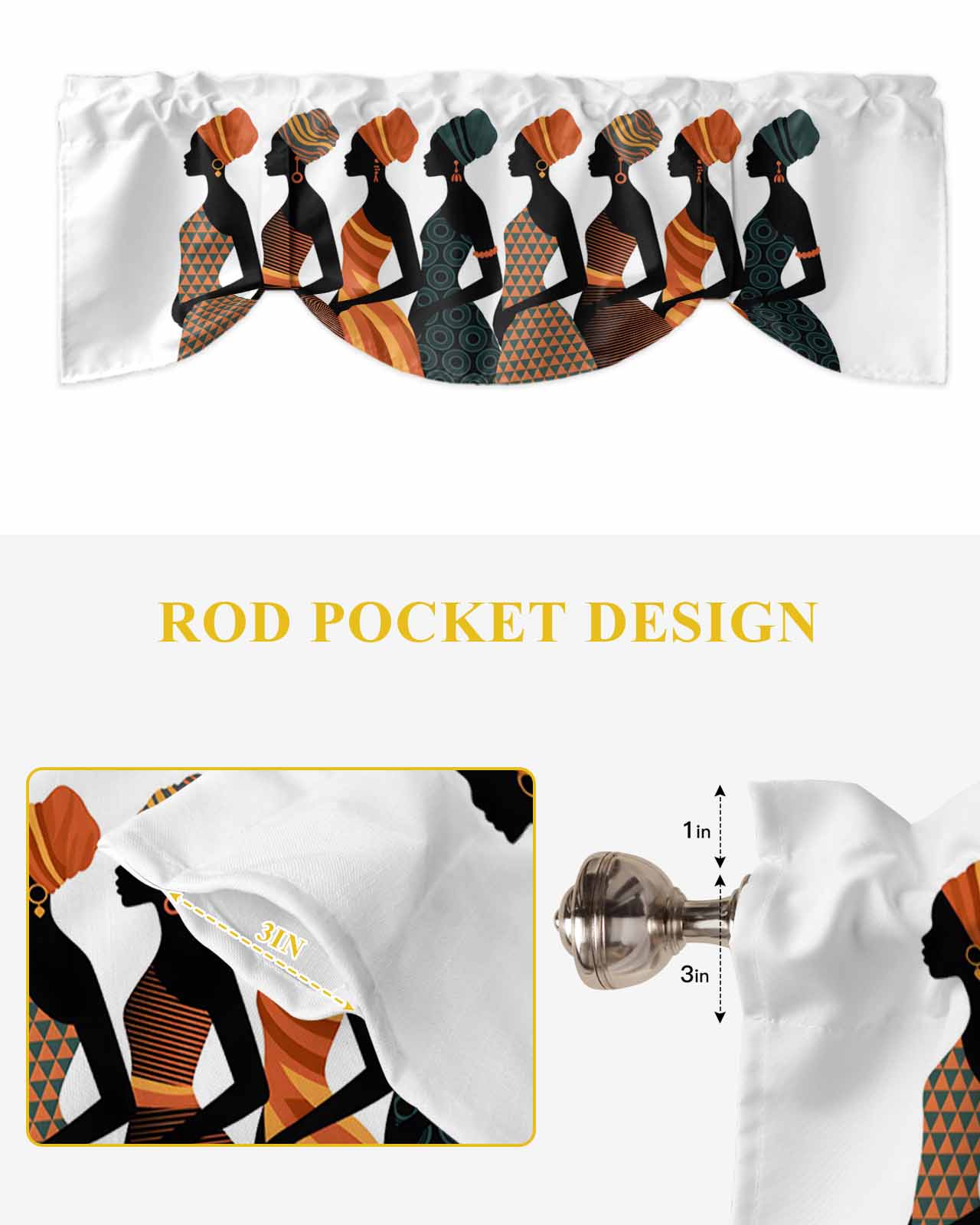 Black Girl African Tie Up Valances Curtain, Adjustable Kitchen Elegant Women Abstract Orange Geometric Tribal Valances for Windows Decor, Rod Pocket Short Curtains Set for Bedroom/Bathroom, 60"x18"