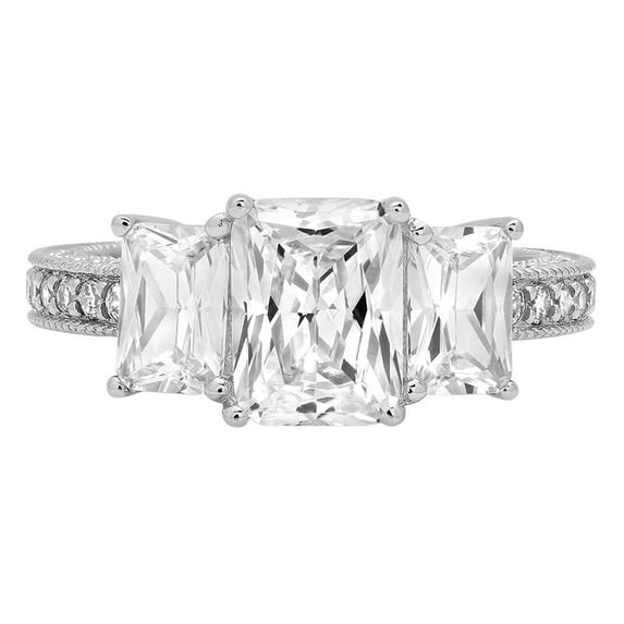 3.28 ct Emerald Cut Real Genuine Natural Diamond SI1-SI2 I-J 18K White Gold Three-Stone Promise Wedding Statement Engagement Designer Ring size 11
