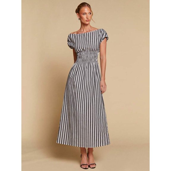 Black And White Striped Off Shoulder Cinched Waist Maxi Dress For Women