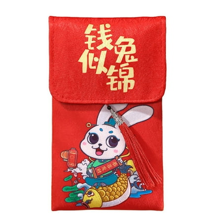 

VEAREAR Red Envelope Chinese Style Tassel Snap Button Fabric 2023 New Year Bunny Print Red Envelope for Spring Festival