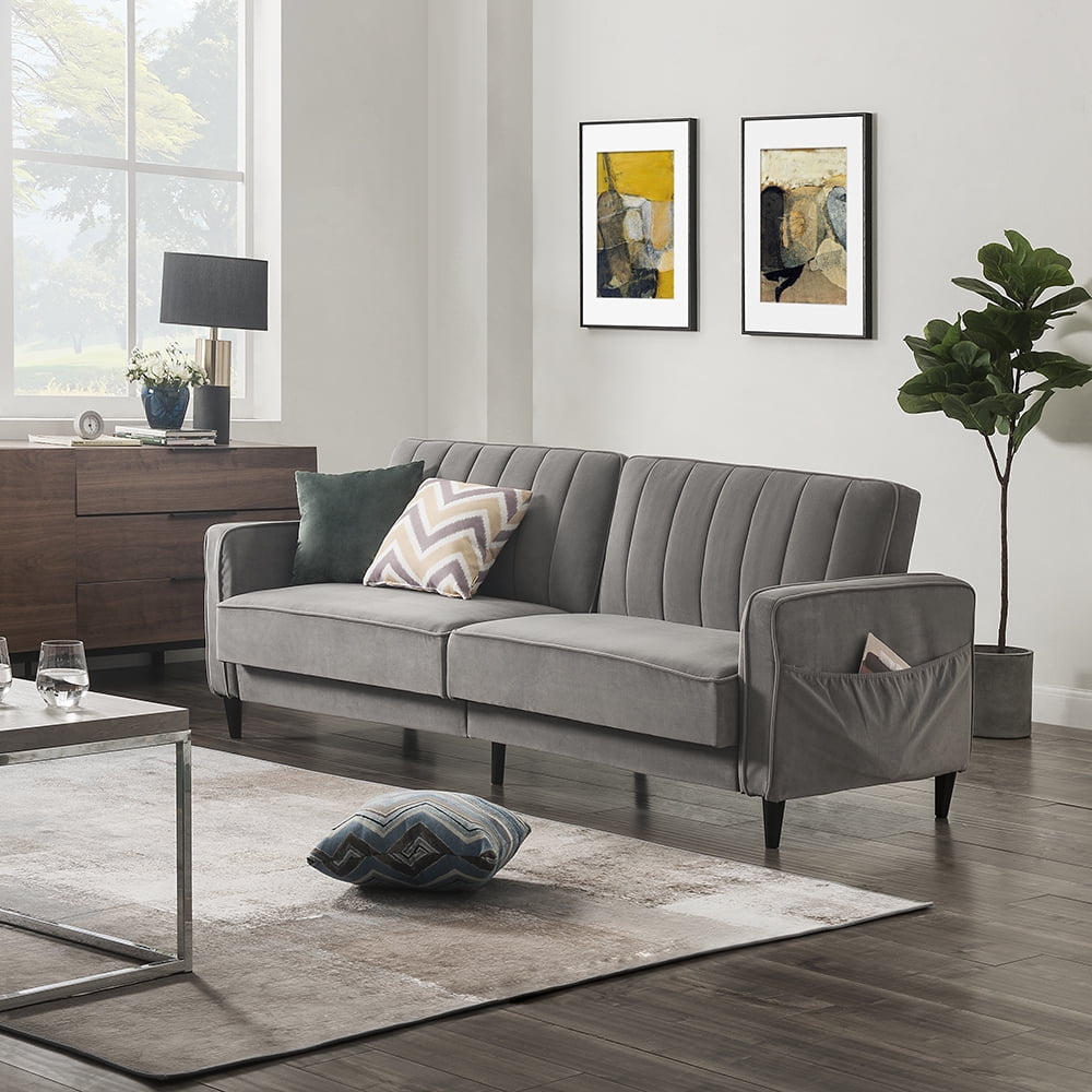 Kepooman 3 Seater Premium Velvet Sofa Bed, Vintage Sleeper Couch with Wooden Legs - Gray Kepooman 3 Seater Premium Velvet Sofa Bed, Vintage Sleeper Couch with Wooden Legs - Gray