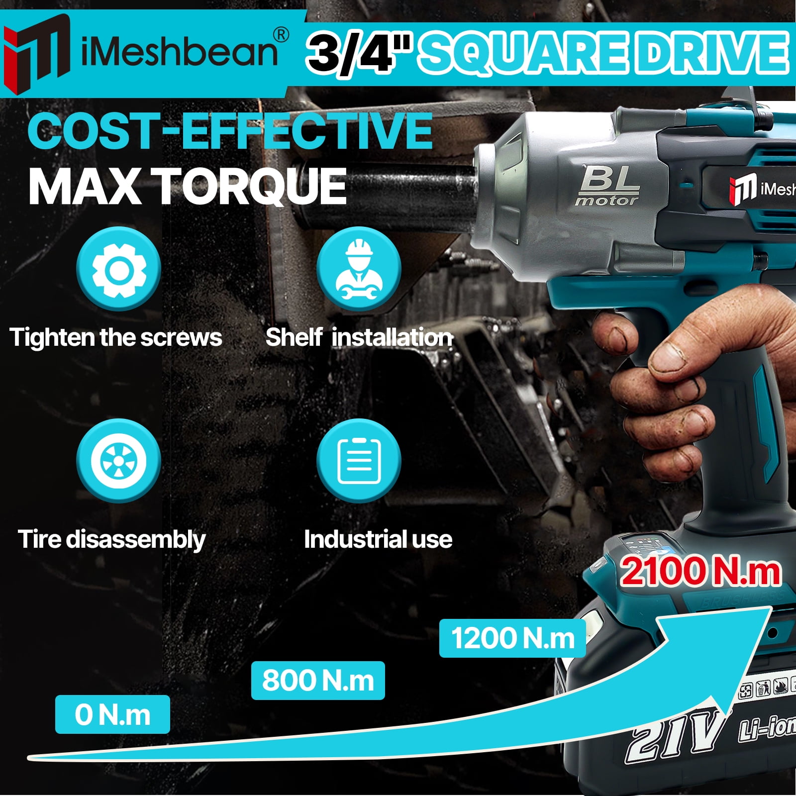 iMeshbean Brushless Cordless 3/4” High Torque Electric Impact Wrench 1549Ft-lbs(2100Nm)
