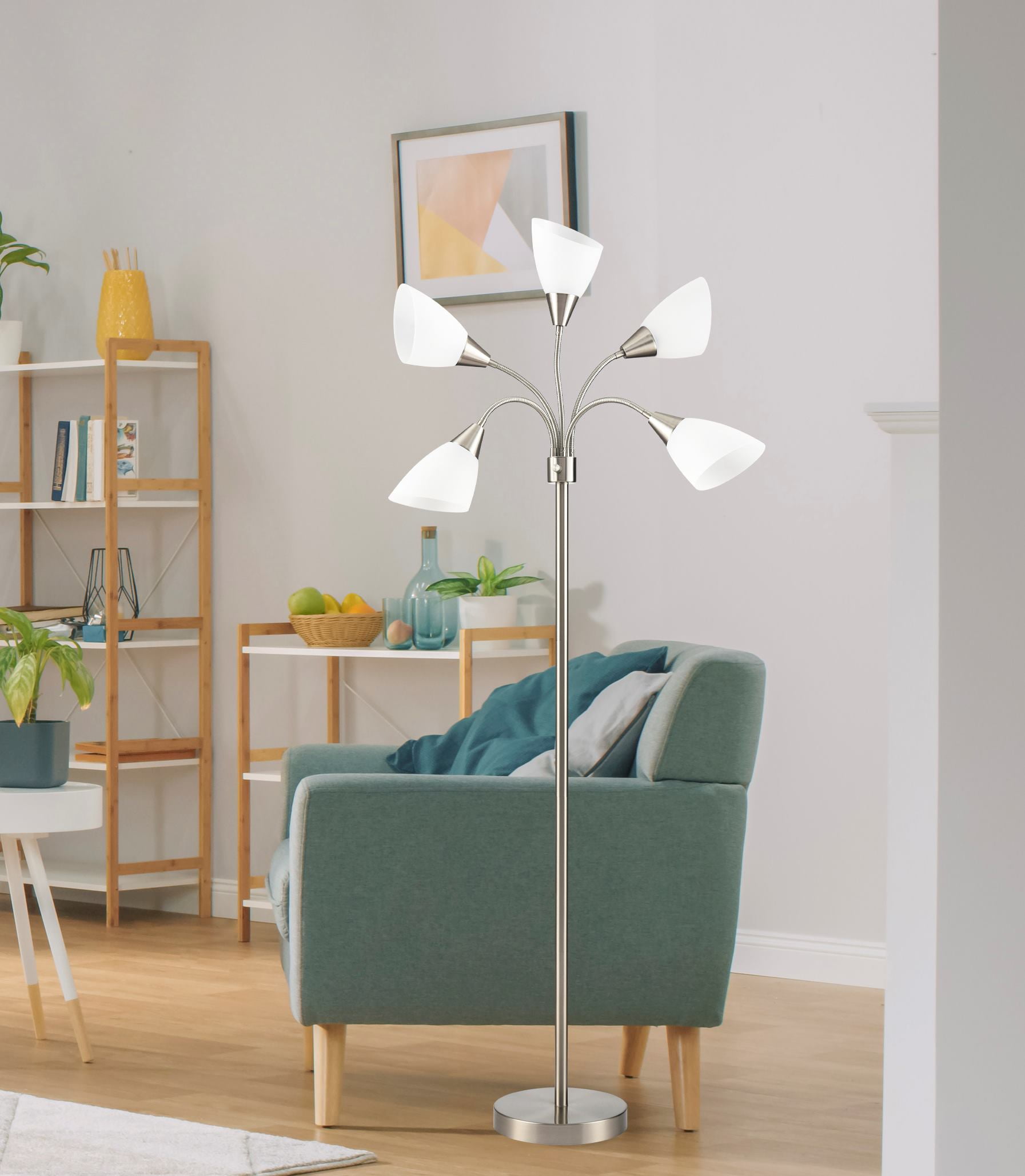 Simplee Adesso 67" 5-Light Modern Adjustable Arm Brushed Steel Floor Lamp with White Plastic Shades