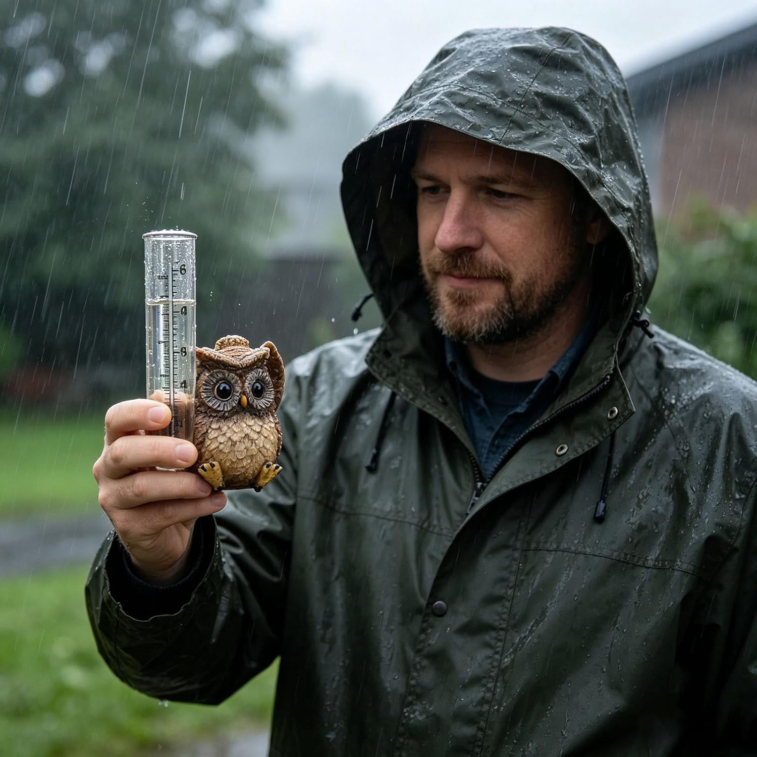 Cute Owl Resin Rain Gauge Outdoor Decor, Rainfall Measuring Tool with Scale Markings & Measuring Tube, Decorative Rain Gauge for Yard, Patio, Deck (Khaki)