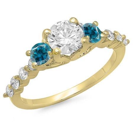 Dazzlingrock Collection 1.50 Carat (ctw) 14K Blue & White Diamond Bridal 3 Stone Engagement Ring 1 1/2 CT, Yellow Gold, Size 7