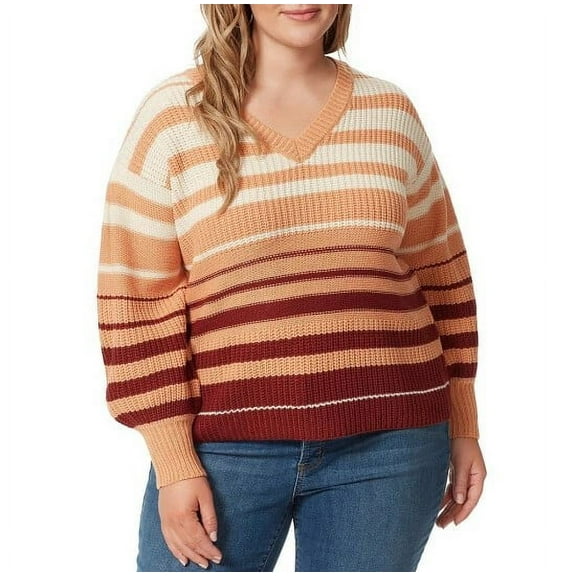 Jessica Simpson Plus Size Elmira Stripe Print V-Neck Long Sleeve Pullover Sweater, Sand Stone, Size 1X