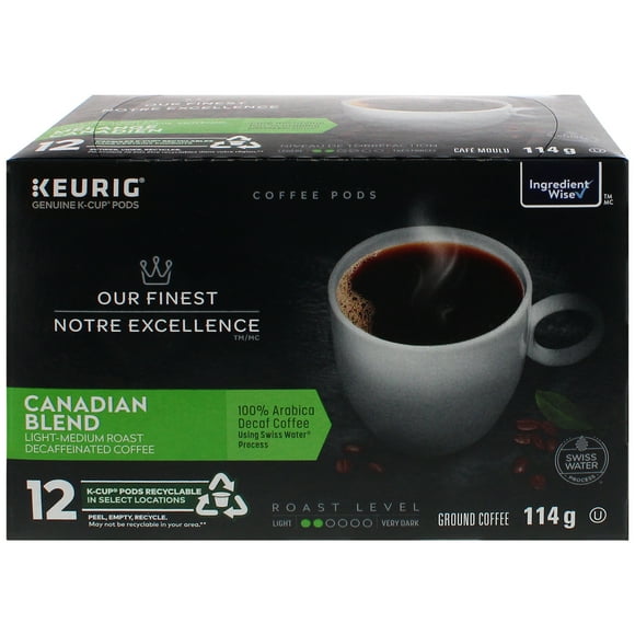 Café moulu décaféiné Mélange canadien Notre Excellence Paq. de 12 K-Cups, 114 g