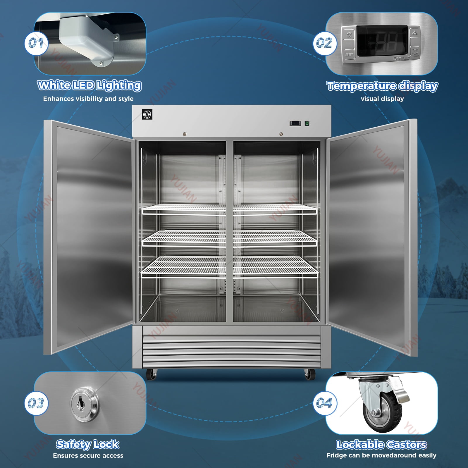 NSF 54 in. Commercial Reach In Refrigerator 43 Cu.Ft. 2-Door Cooler, Stainless Steel, Solid Door Refrigerator