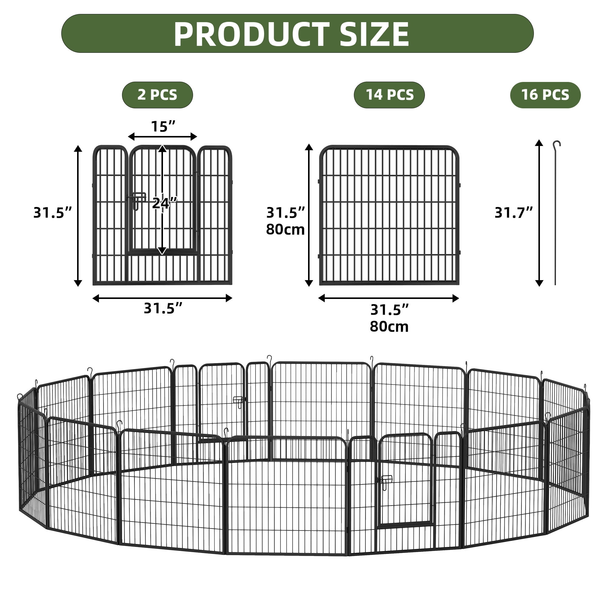Uforic 32" Tall Metal Garden Fence Panels with Gate & Lock, 16 Pcs Decorative Pet Dog Fence, Animal Barrier for  Patio & Garden, Black