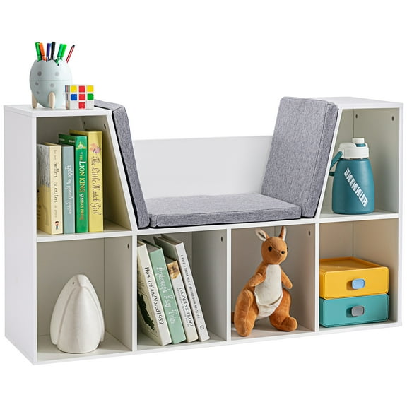 CoSoTower 6-Cubby Kids Bookcase with Reading Nook and Cushion, Multi-Purpose Storage Organizer for Bedroom, Living Room, Pure White