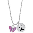 thumbnail image 1 of Delight Jewelry Silvertone Hot Pink & Purple Butterfly Silvertone Script Initial Disc - L - Charm Necklace, 20"+3", 1 of 4