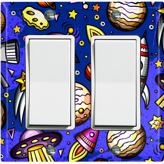 Metal Light Switch Wall Plate Outlet Cover (Spaceship UFO Astronaut Rocket Outerspace Star Blue Purple - Double Rocker)
