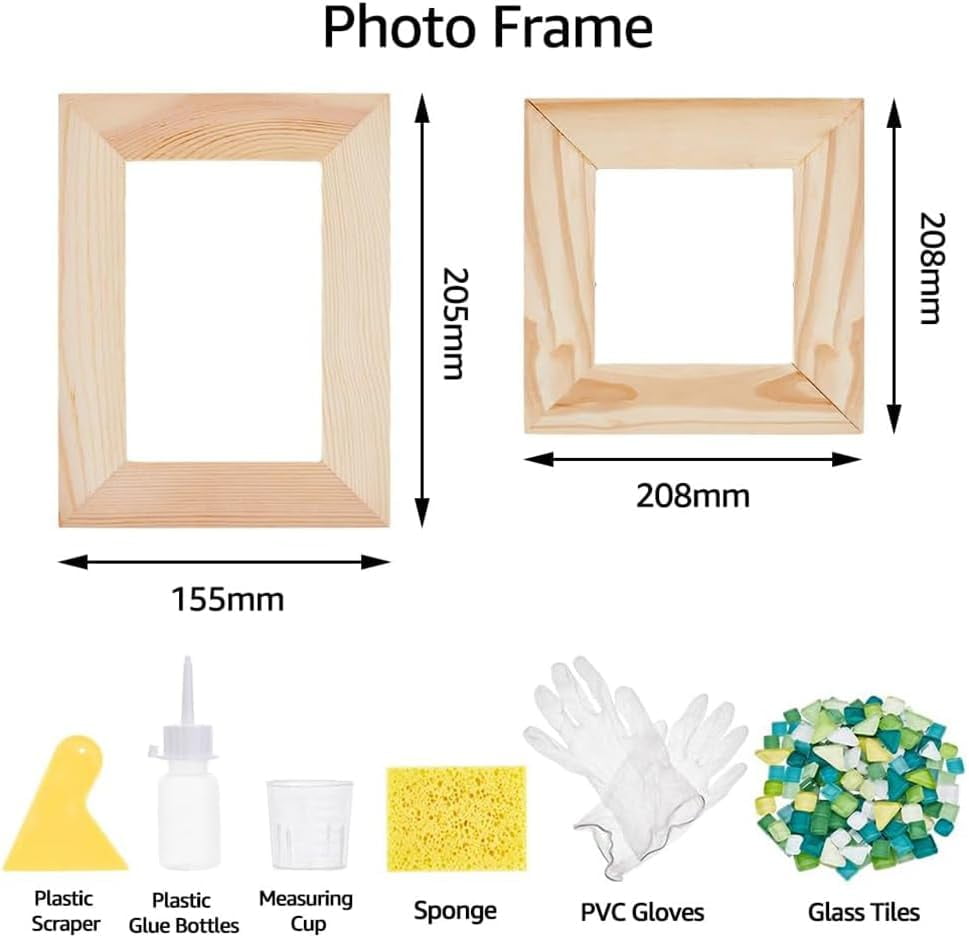 DIY Mosaic Photo Frame Kit Including 2 Sizes Unfinished Wood Photo Frame 200g Glass Mosaic Tiles Cups Plastic Glue Bottles Scraper Mosaic Supplies Crafts for DIY