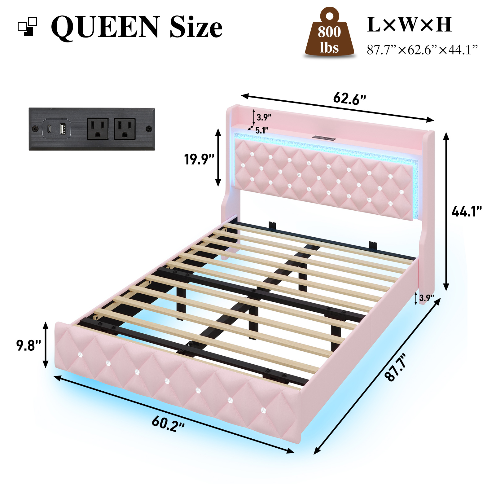 Blotout Floating Queen Bed Frame with LED Lights&Power Outlet, Upholstered Pu Leather Platform Bed with Diamond Tufted Storage Headboard & Footboard, No Box Spring Needed, Noise Free, Pink