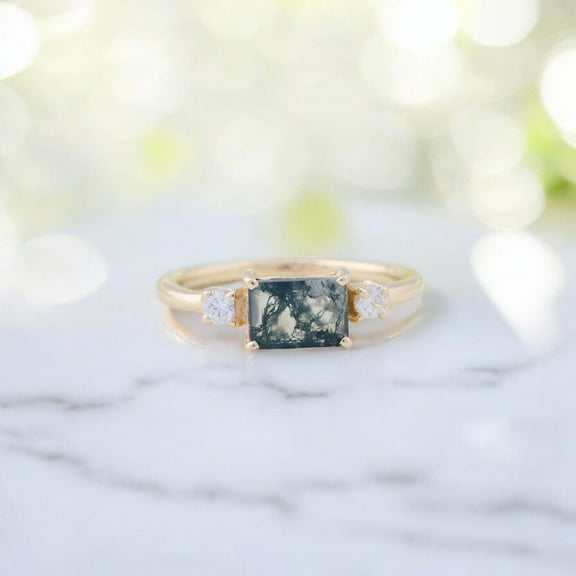 KANISHKAGEMS&JEWELS 3 Ct/ 8x6 mm Emerald Cut Moss Agate Ring Diamond Stacking Ring Dainty Promise Engagement Ring Anniversary Gift For Her