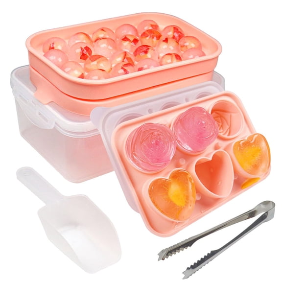 Silicone Ice Molds Shapes Set, Heart Rose Ice Cube Mold, Small Round Ice Cube Tray, Makes 22 Sphere & 3 Heart 3 Rose Shape Ice Balls for Chilling Whiskey Cocktails, 2 Ice Trays with Bin Scoop Tong
