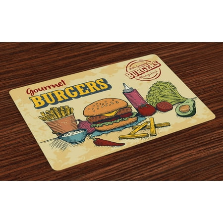 Fast Food Place - Hamburger Placemats Set of 4 Retro Hand Drawn Style Burger and Ingredients Gourmet Taste Delicious Fast Food, Washable Fabric Place Mats for Dining Room Kitchen Table Decor,Multicolor, by Ambesonne
