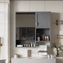 29" Bathroom Medicine Cabinet, Wall Mounted Wood Storage Cabinet with Mirror, Over Toilet Storage Organizer with Adjustable Shelevs and Towels Bar, for Laundry Room