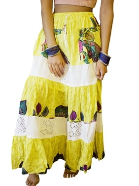Mogul Women Yellow Cotton Long Skirt A-Line Flare Boho Chic Printed Summer Maxi Skirts