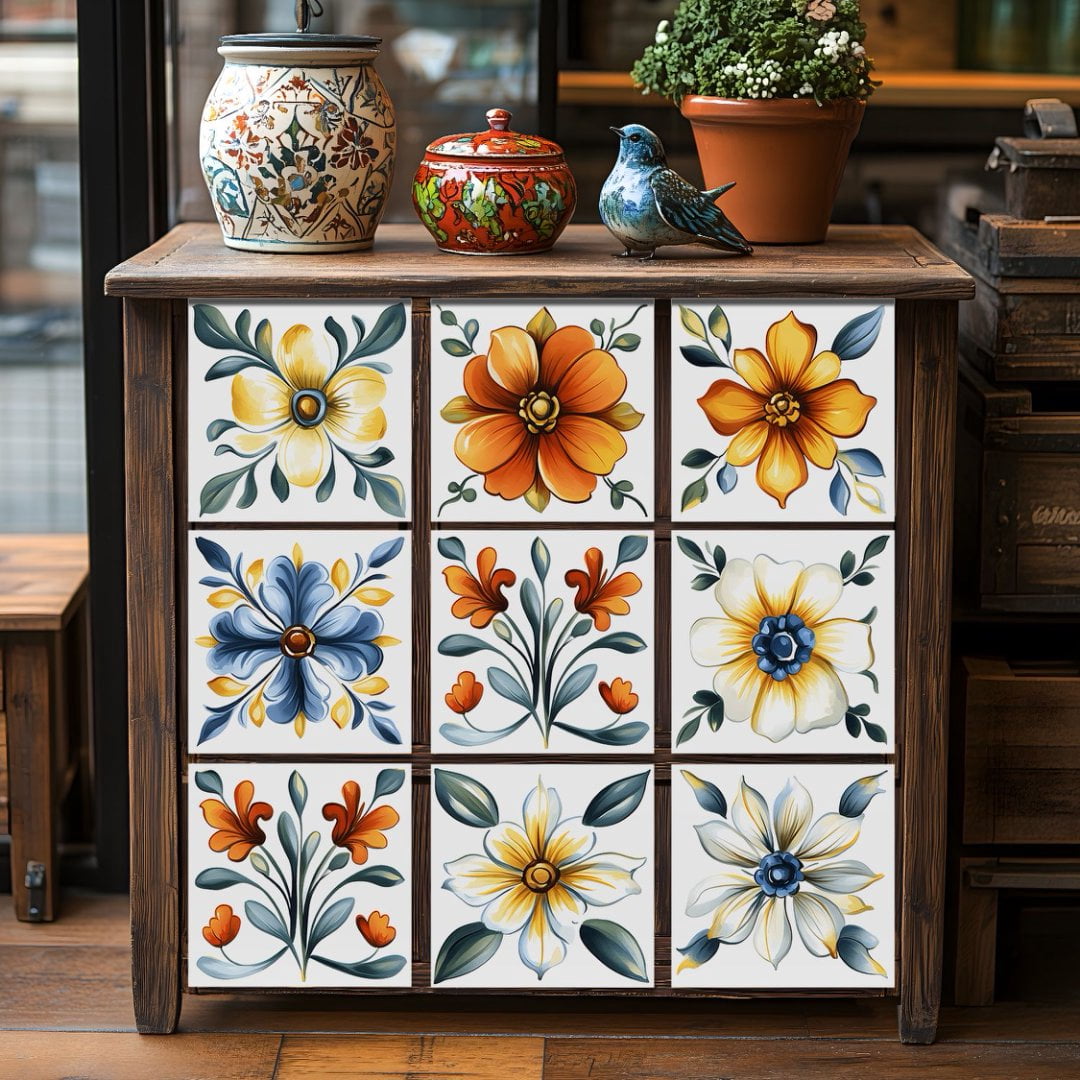 24 Pcs Self Adhesive Tiles Stickers 8 x 8inches Blue Gold Flowers Pattern Wall Decals DIY Decor Peel and Stick Waterproof Tile Kitchen Backsplash