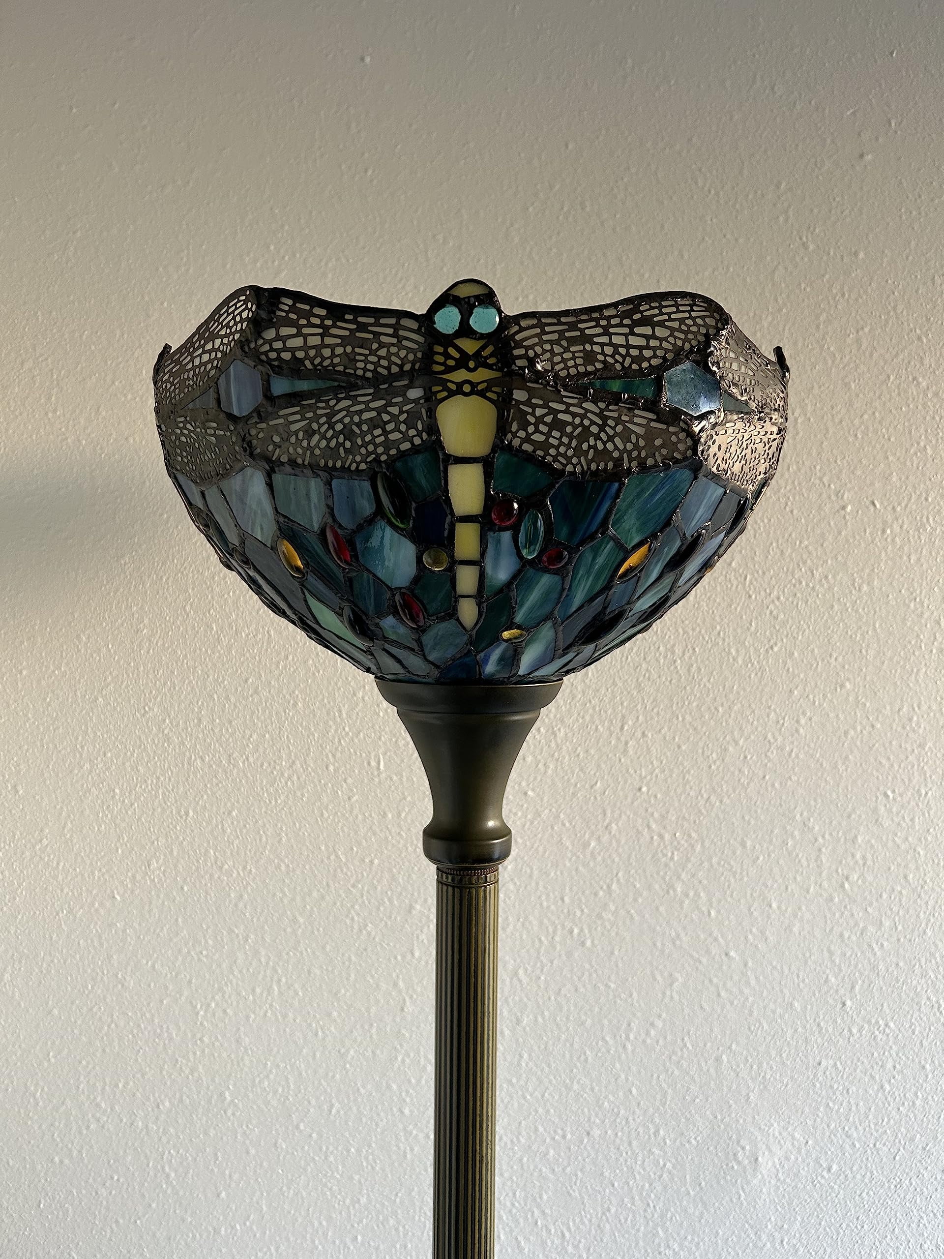Tiffany Torch Floor Lamp Dragonfly Green Blue Stained Glass LED Bulb Included for Living Room Dining Room Bedroom Office Hotel 12"W*12"D*66"H