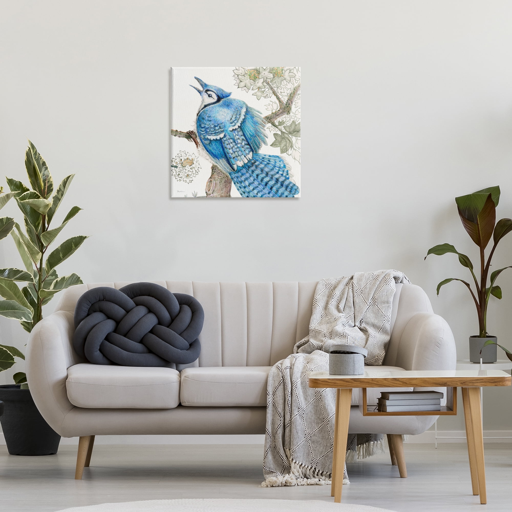 Stupell Industries Rhododendron & Blue Jay Animals Painting Wrapped Canvas Art Print Wall Art, 24 x 24