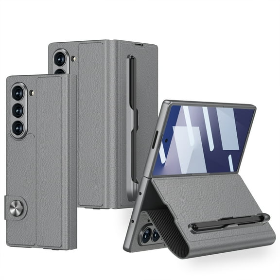 Dteck For Samsung Galalxy Fold 7 Case with S Pen Slot & Card Slot, Magnetic Full Body Screen Protector Kickstand Closure PU Leather Anti-Drop Grip Wallet Full Body Protective Cover, Gray