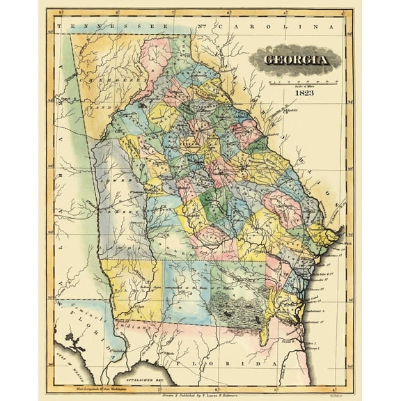 Historic State Map - Georgia - Lucas 1823 - Vintage Wall Art