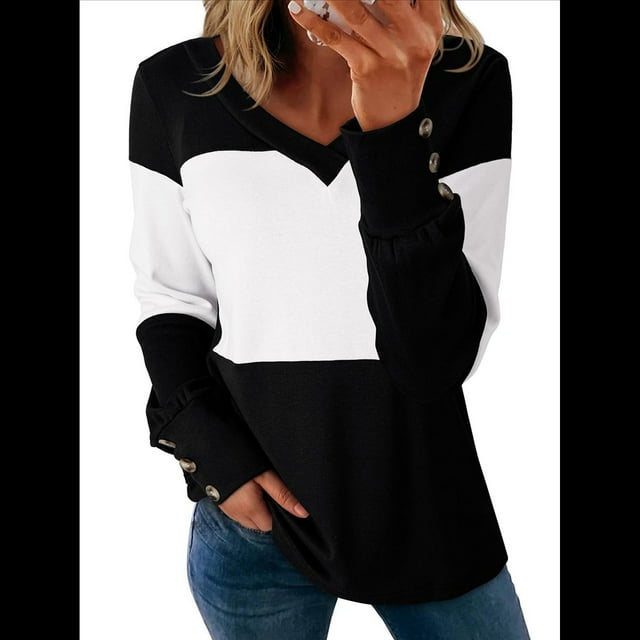 Blusas Elegantes e Informales para Mujer, con Bloques de Color, de Larga y Cuello en V, para Otoño. Negro M