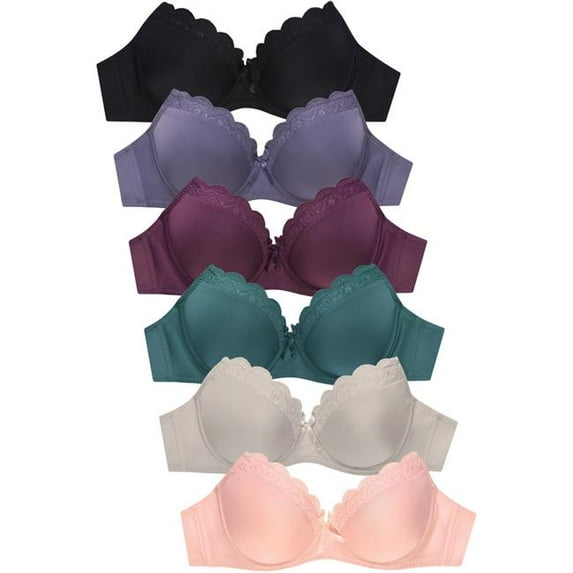 247 Frenzy 247-BR4112P6-34B Womens Essentials Sofra Full Coverage Solid Bras, Multi Color - Size 34B - Pack of 6