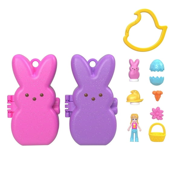 Polly Pocket x PEEPS Compact Playset – Travel Toy with Dolls, Bunny-Themed Accessories & Keychain Clip for Kids