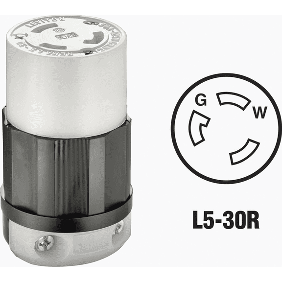 Leviton Locking Connector Nylon Indust. 30 Amp 2 Pole, 3 W L 5 - 30 R Csa B/W Poly — Residential Use, Standard Application