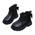 thumbnail image 2 of Huanglei Toddler Girls Leather Ankle Boots Back Bow Pom Side Zip Fall Boots(Black), 2 of 5