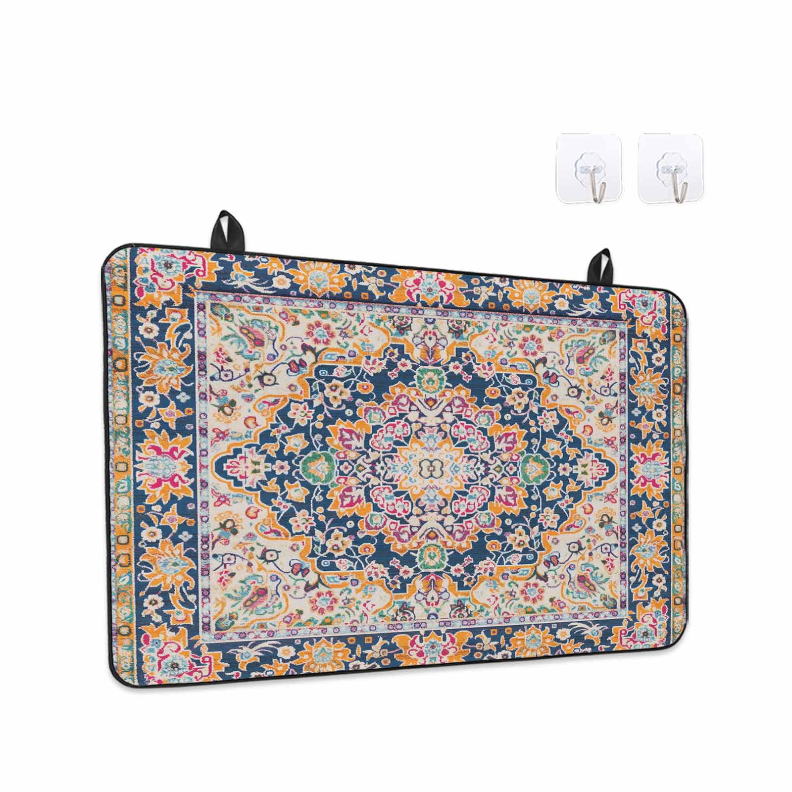 Boho Blue Yellow Stove Top Cover for Electric Stove, Heat-proof & Non Slip Glass Top Stove Cover Protector, Ethnic Vintage Mexican Flowers Southwestern Kitchen Flat Cooktop Rubber Mat 24x21 Inches