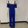 thumbnail image 3 of MORTTIC Plus Size Women's V-Neck Short Sleeve Wide Leg Jumpsuit with Rhinestone Detail Elegant Summer Romper Blue，5XL, 3 of 4