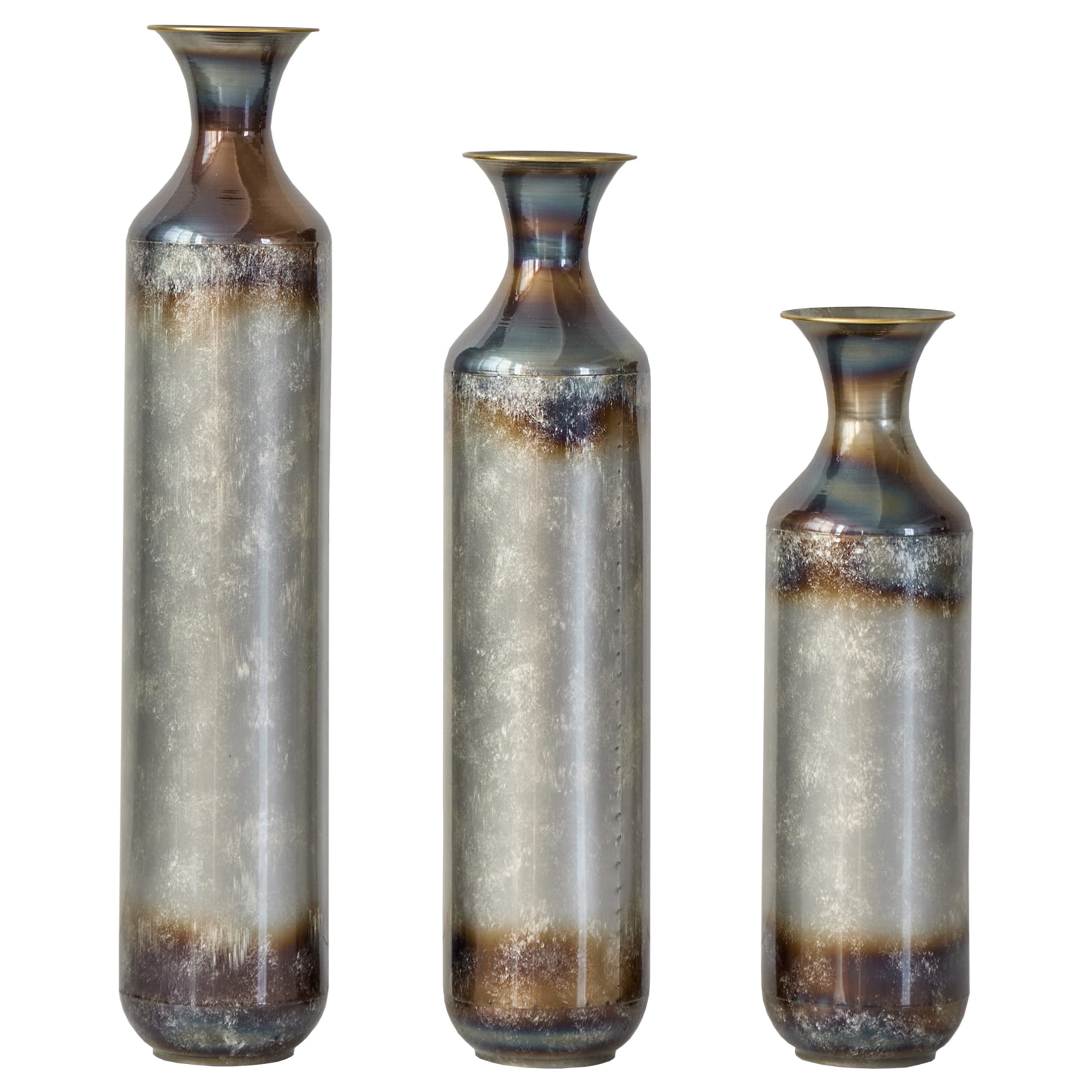 Noble House Set of 3 Metal Floor Vases with Hand-Forged Burnt Finish, Gold + White