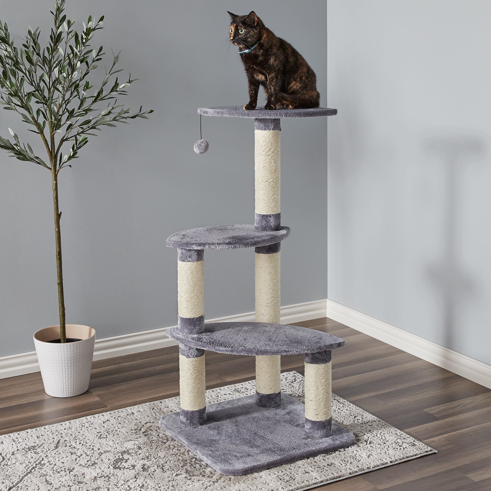 Two by Two Cat Scratching Pads Plush Grey Cat Tower with 3 Sisal Scratching Columns