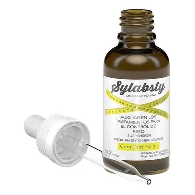 frasco con 50 ml sylabty tratamiento herbolario Frasco de vidrio ámbar 50 ml con etiqueta blanca y gotero separado; suspensión de plantas que en la etiqueta figura como auxiliar en control de peso y con efecto diurético; pipeta transparente visible, presentación con gotero oral. A menudo usado también como dosificador portátil para suplementos líquidos.