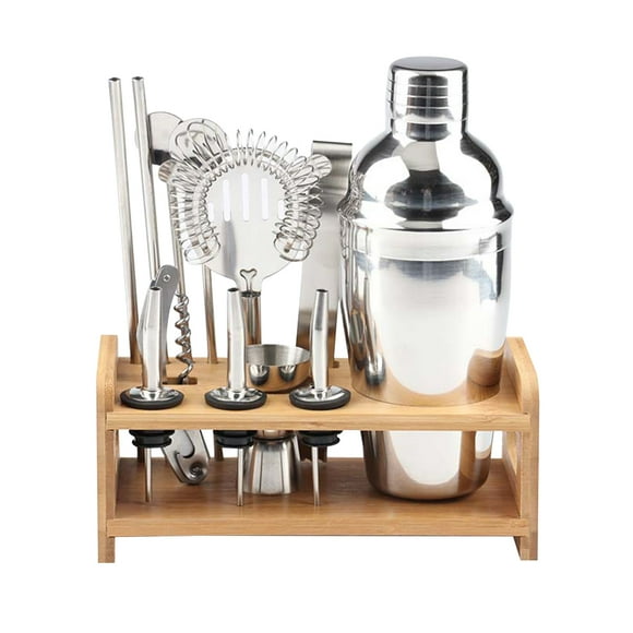 KAKOWELY Cocktail Shaker 1 Set Stainless Steel Cocktail Kit Wooden Base Cocktail Mixing Kit Drink Mixer Bartender Tools (350ML)8.27"X3.86"X3.54"
