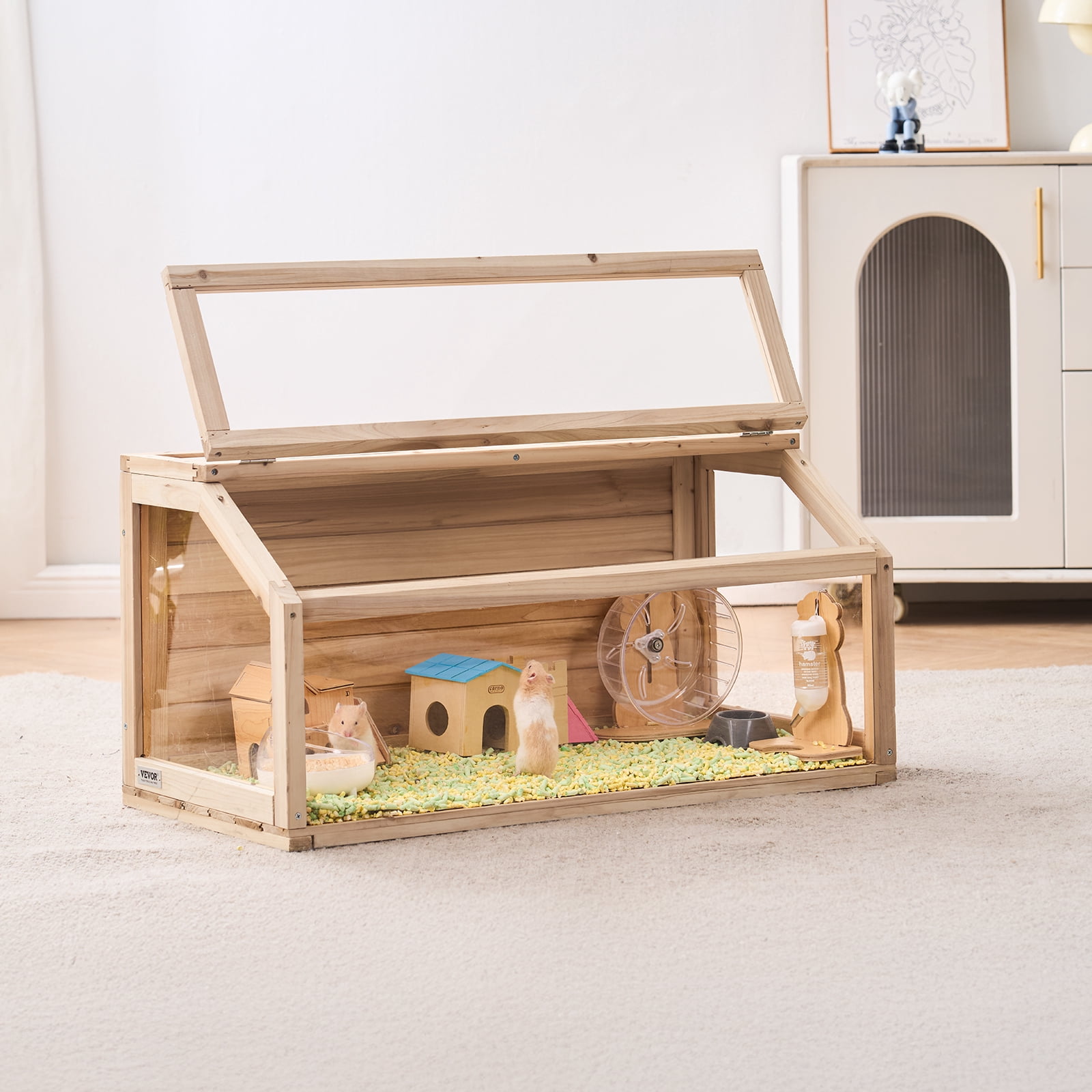 Favory Wooden Hamster Cage, Viewing 𝖧amster Habitat, Dwarf Hamster Cages with Openable Top, Ventilated Small Animal Cage, Pet Mouse Cage for Gerbils，Natural Wood32in x 16in x 16in