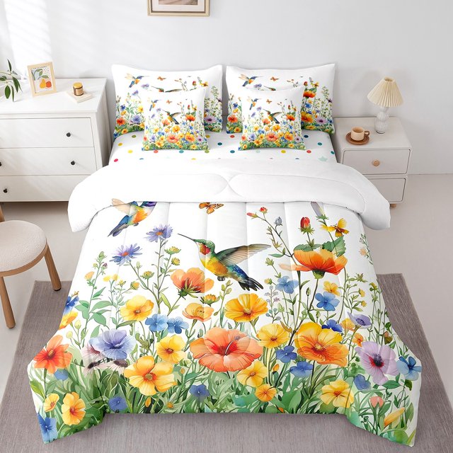 Erosebridal Ensemble de Literie Colibri Sauvage Très Grand size, Literie Florale Colorée Très Grand size, Déco de Chambre Faune Animale, Réversible, 7 Pcs