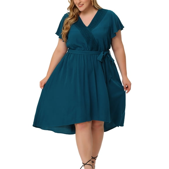 DARING DIVA Plus Size Boho V Neck Short Sleeve High Low Midi Dress 1X Peacock Blue