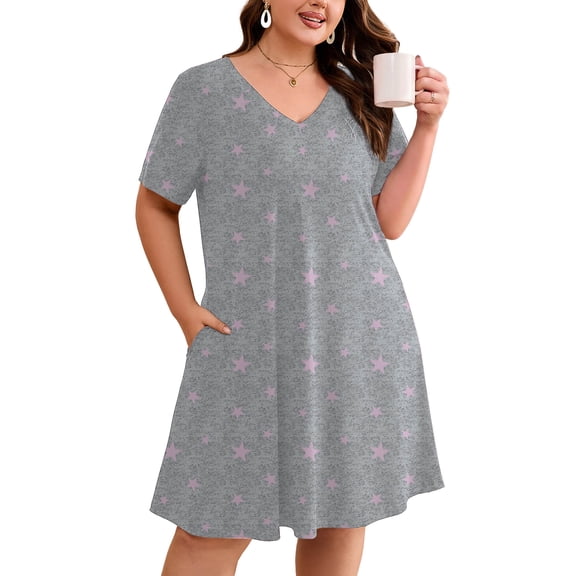 SHOWMALL Women's Plus Size Nightgown Short Sleeve Sleepwear Floral Pajama Dress Comfy Sleepshirts Casual Loungewear with Pockets, Size 3X