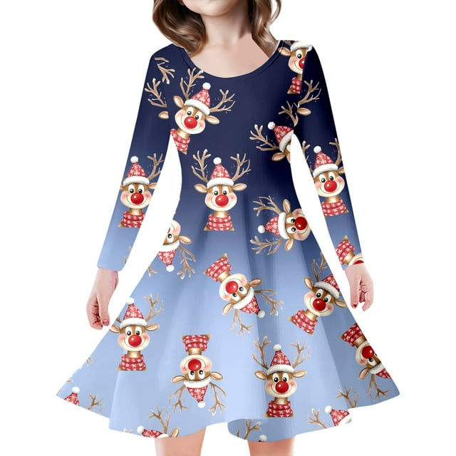 WEAIXIMIUNG Robe Bleue Enfants Filles Tout-Petits Arbres de Noël Imprimé Cerf Robe de Fête à Manches Longues 6-7 Ans