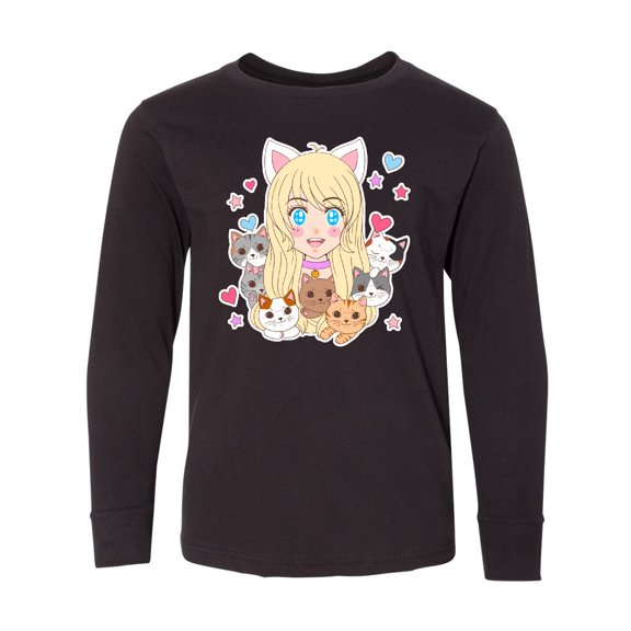 Inktastic Neko Anime Girl with Kittens Long Sleeve Youth T-Shirt