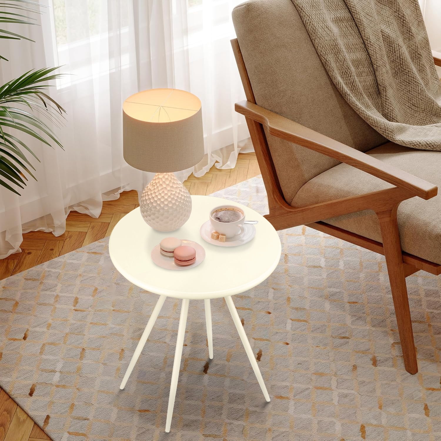 CERBIOR Round Side Table, End Table for Indoor & Outdoor Use, Small Side Tables for Small Spaces All Beige